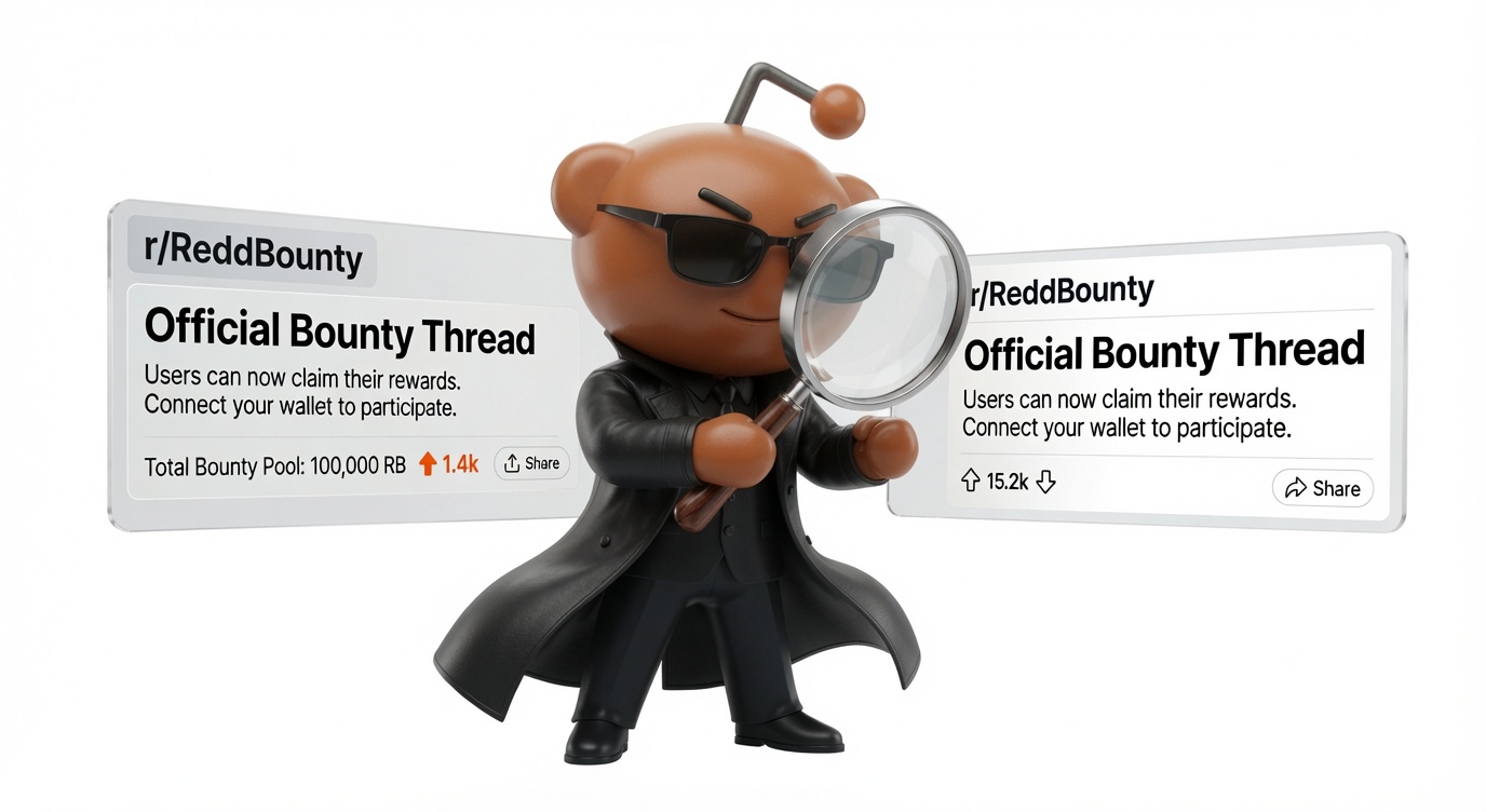 ReddBounty mascot inspecting an official bounty thread on Reddit