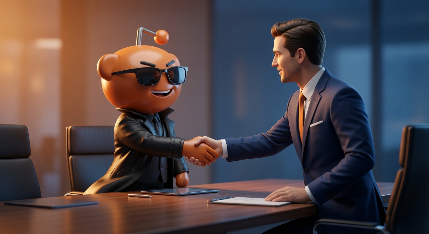 ReddBounty mascot shaking hands with an advertiser