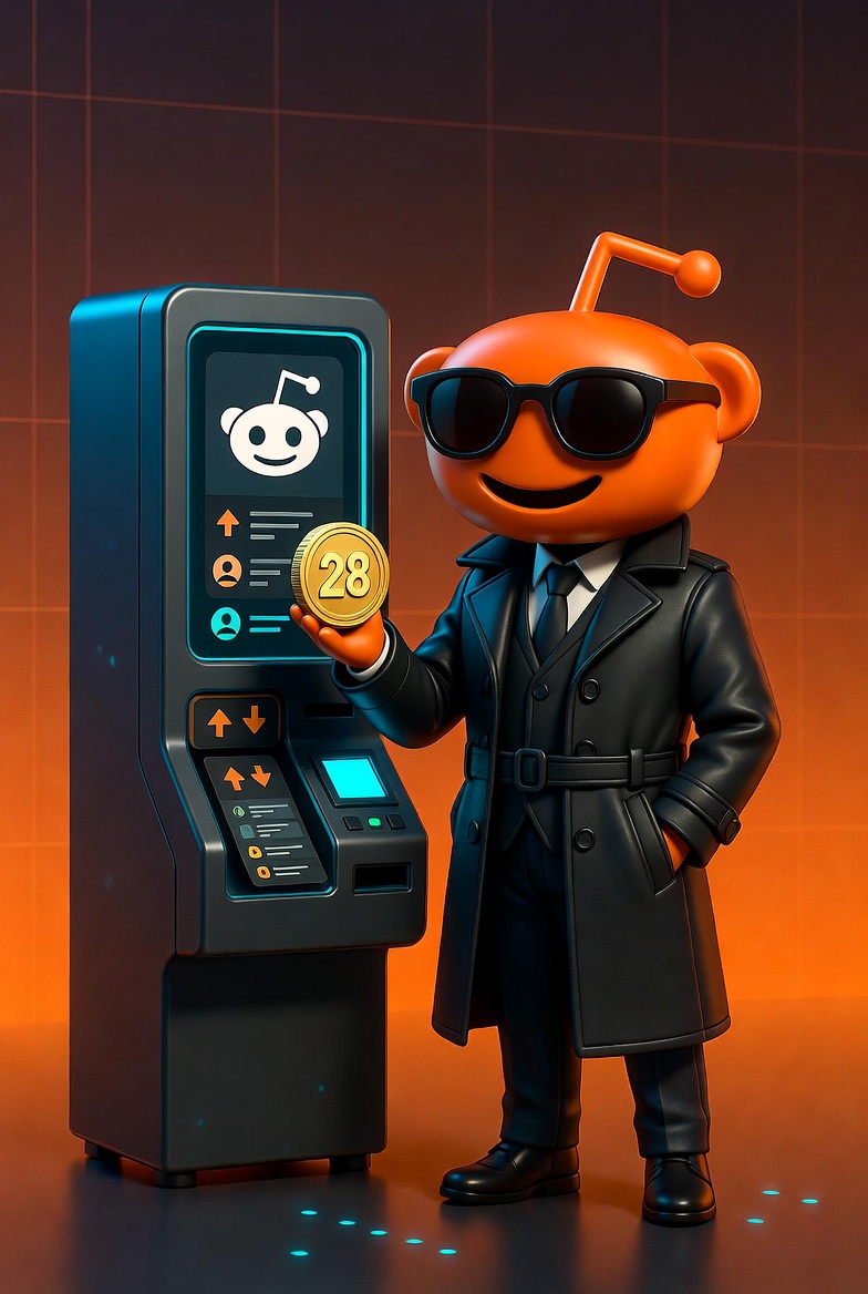 ReddBounty mascot buying Red Tokens at a kiosk